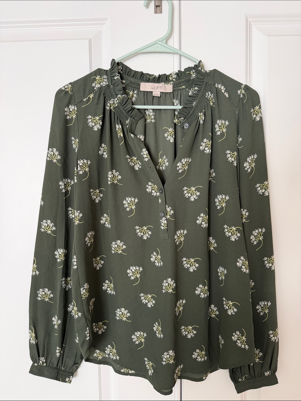 LOFT Olive Green Floral Ruffle-Neck Blouse